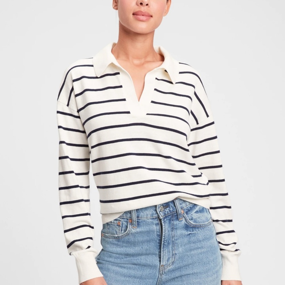 GAP striped collared sweater coastal grandmother black and white